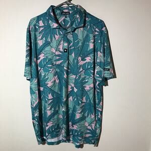 Bad Birdie mens 2XL green pink tropical print short sleeve polo golf shirt